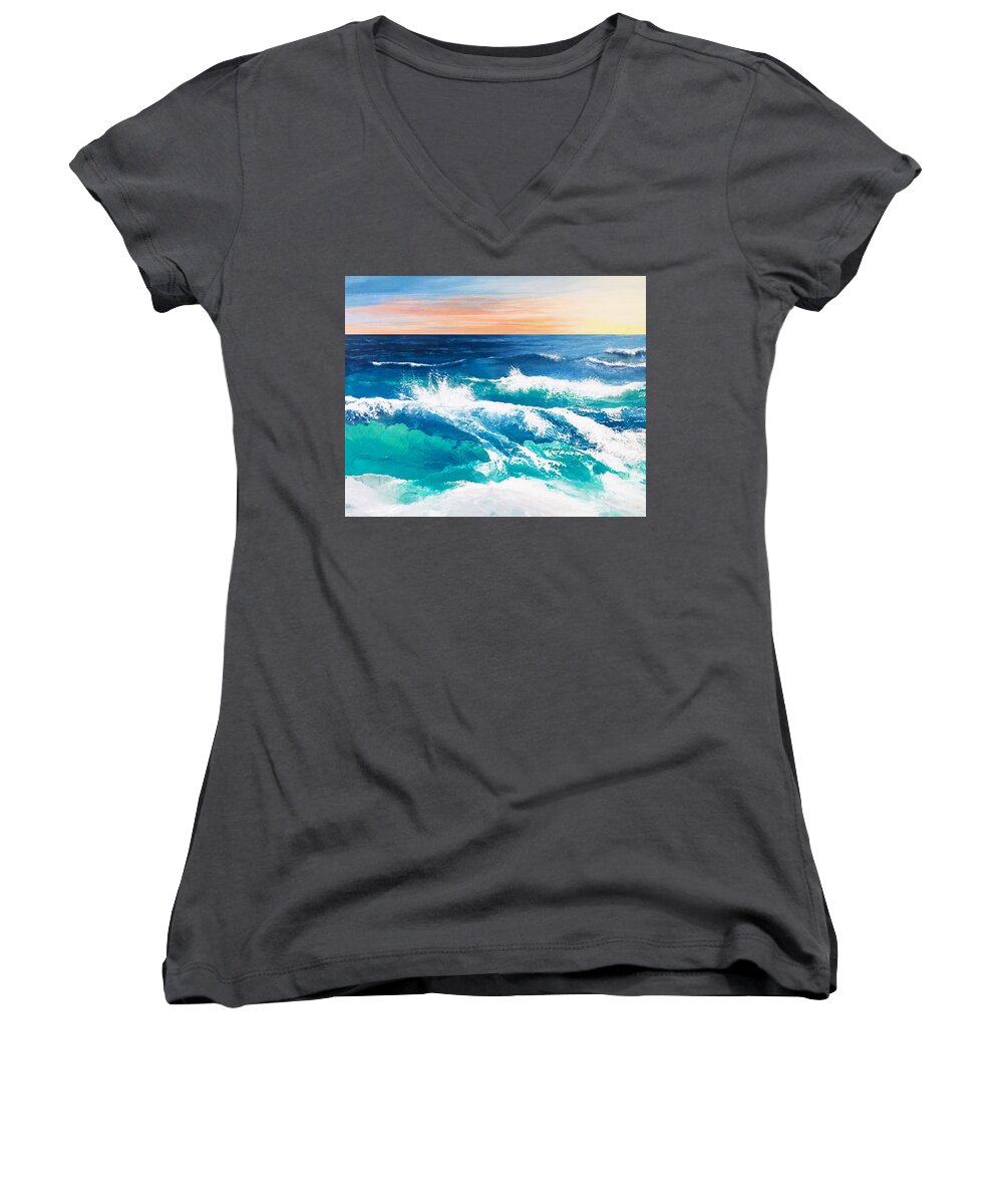 Ocean Women's V-Neck featuring the painting The Farthest Oceans by Linda Bailey