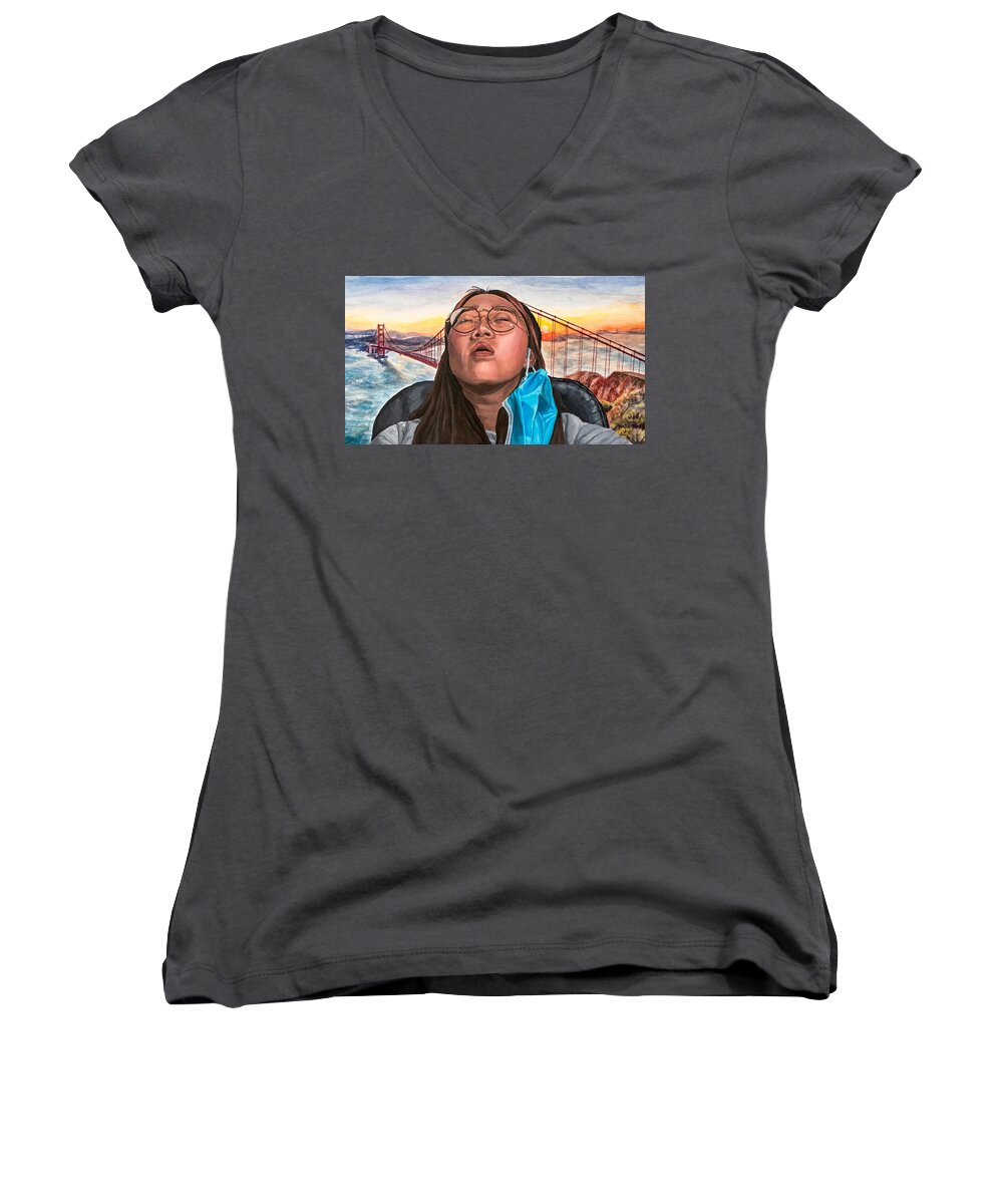 Golden Gate Bridge Women's V-Neck featuring the painting The Golden Dream by Jennifer Kim 11th grade by California Coastal Commission