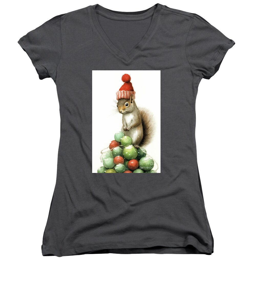 #faaadwordsbest Women's V-Neck featuring the painting The Little Christmas Squirrel by Tina LeCour