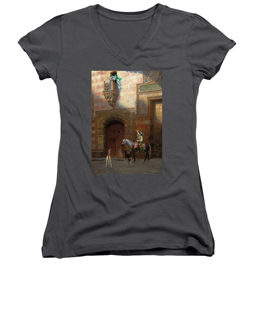 Love Women's V-Neck featuring the painting The Love Token by Jean Leon Gerome by Mango Art