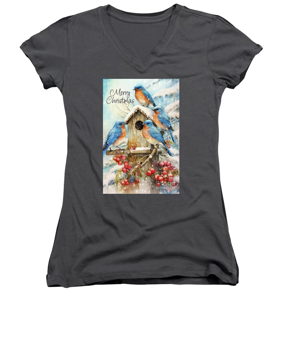 Merry Christmas Women's V-Neck featuring the painting The Merry Christmas Bluebirds by Tina LeCour