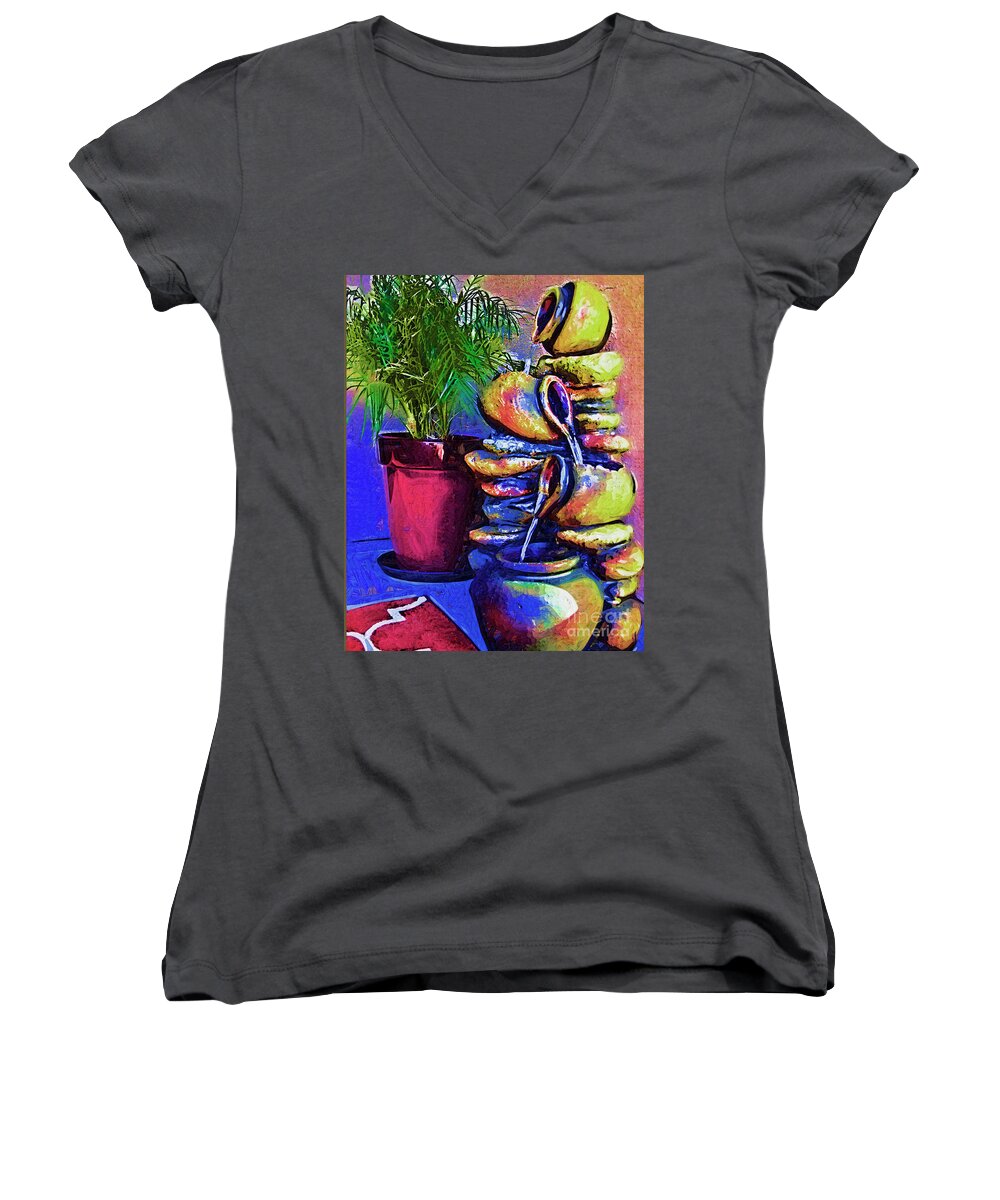 Fountain Women's V-Neck featuring the digital art The Palm And The Fountain by Kirt Tisdale