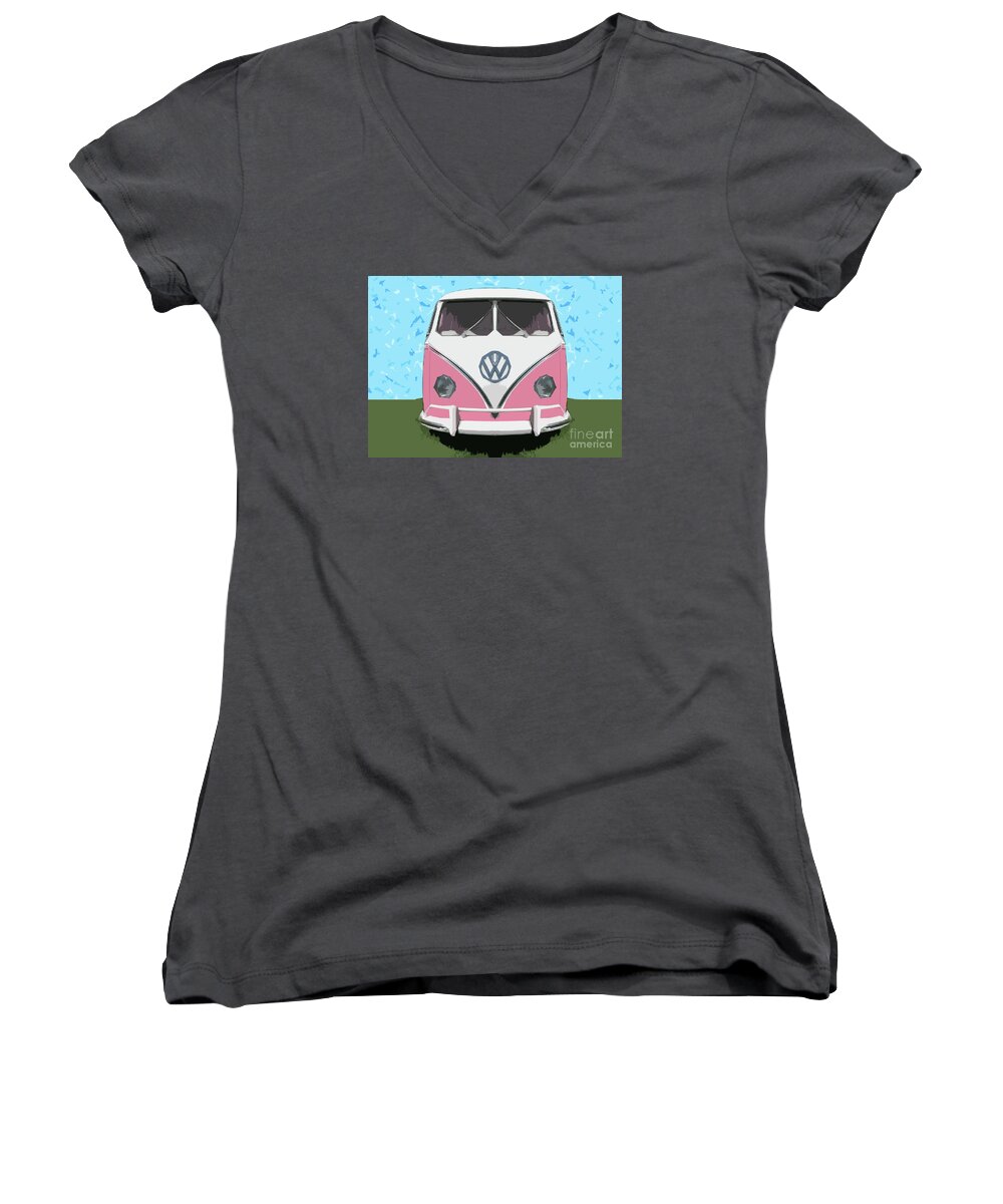 Automobile Women's V-Neck featuring the digital art The Pink Love bus by Sterling Gold