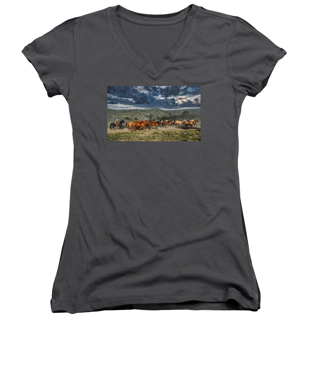 Roundup Women's V-Neck featuring the photograph The Roundup by Mountain Dreams