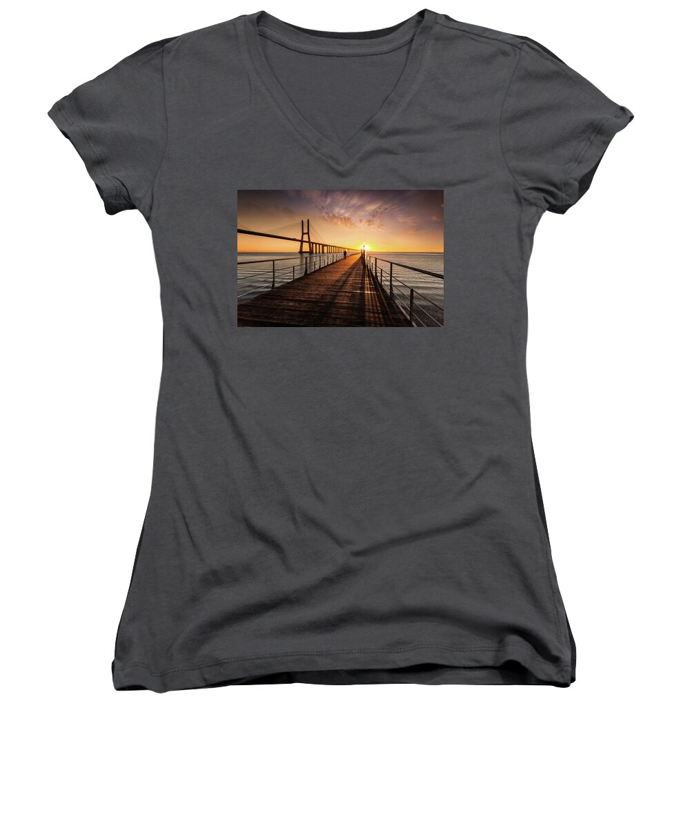 Lisbon Women's V-Neck featuring the photograph The walker by Jorge Maia