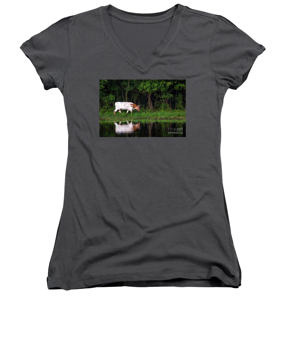  Women's V-Neck featuring the photograph The Wandering Longhorn by Vincent Bonafede