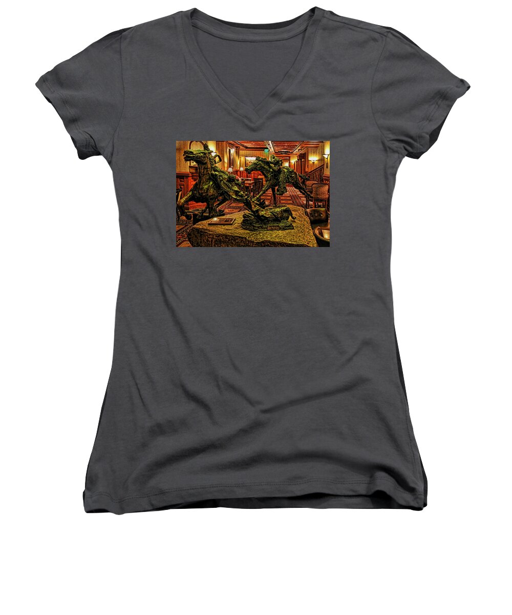 Driskill Hotel Women's V-Neck featuring the photograph The Widow Maker 1 by Judy Vincent
