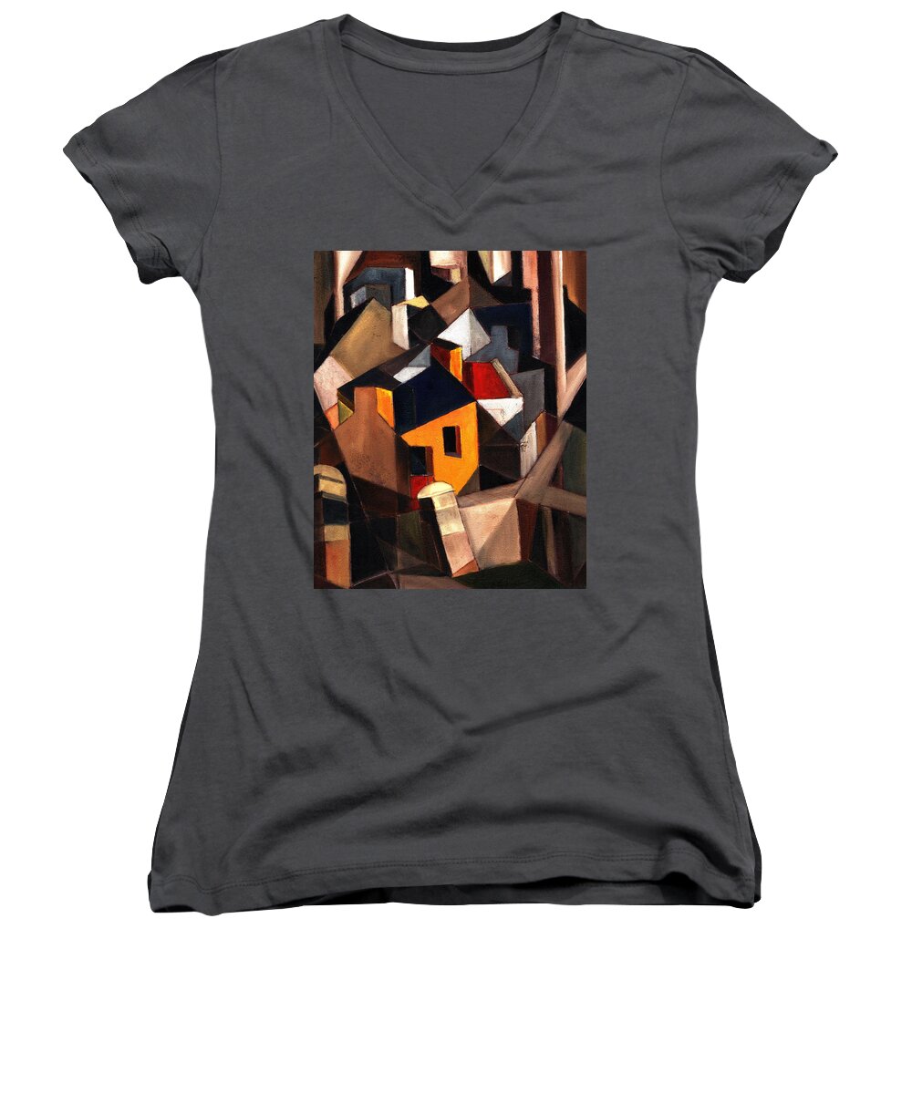  Women's V-Neck featuring the painting The Yellow House by Val Byrne