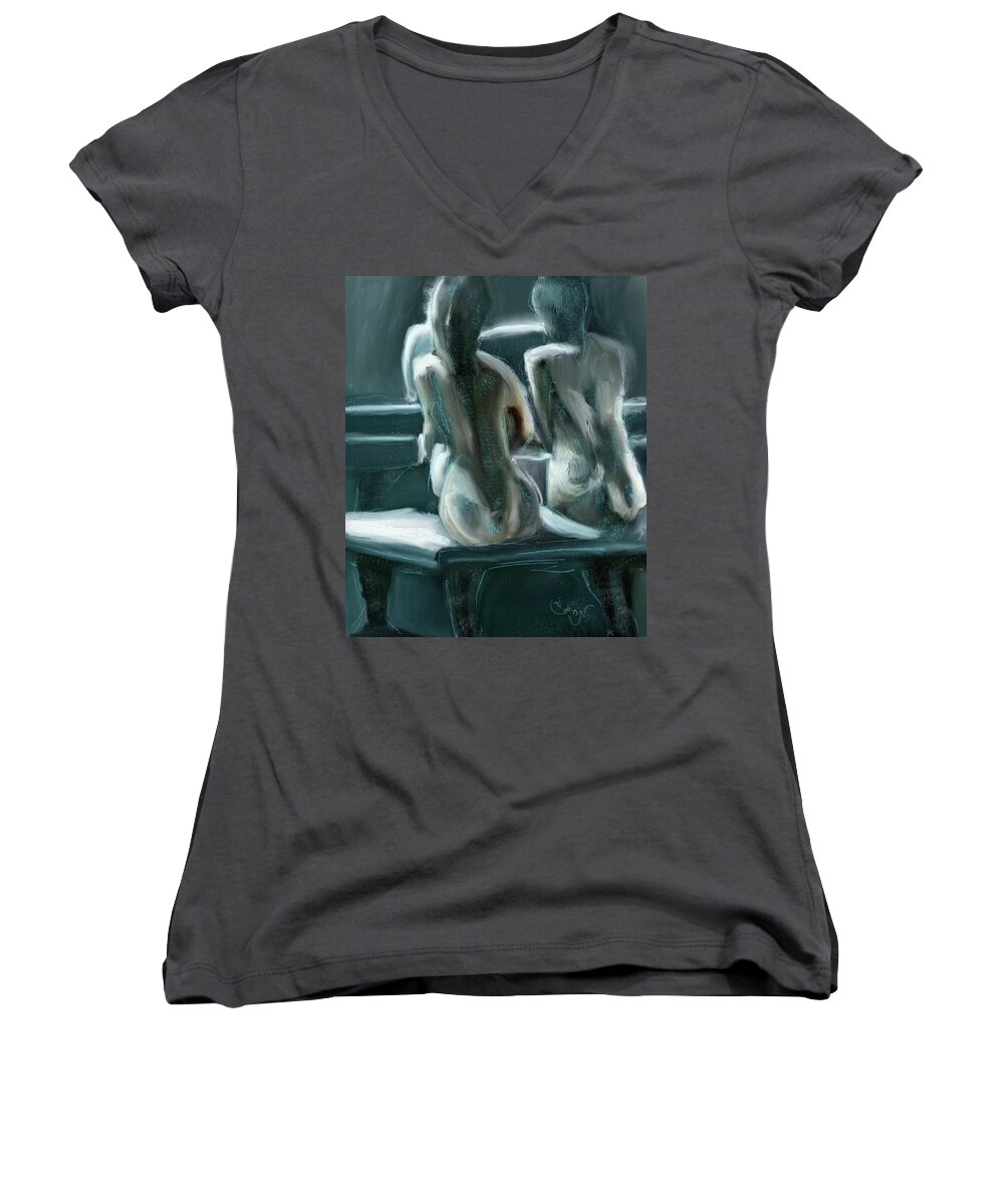 Female Women's V-Neck featuring the painting Three woman seated nude in kitchen chatting and gossiping late at night talking in a group of three by MendyZ