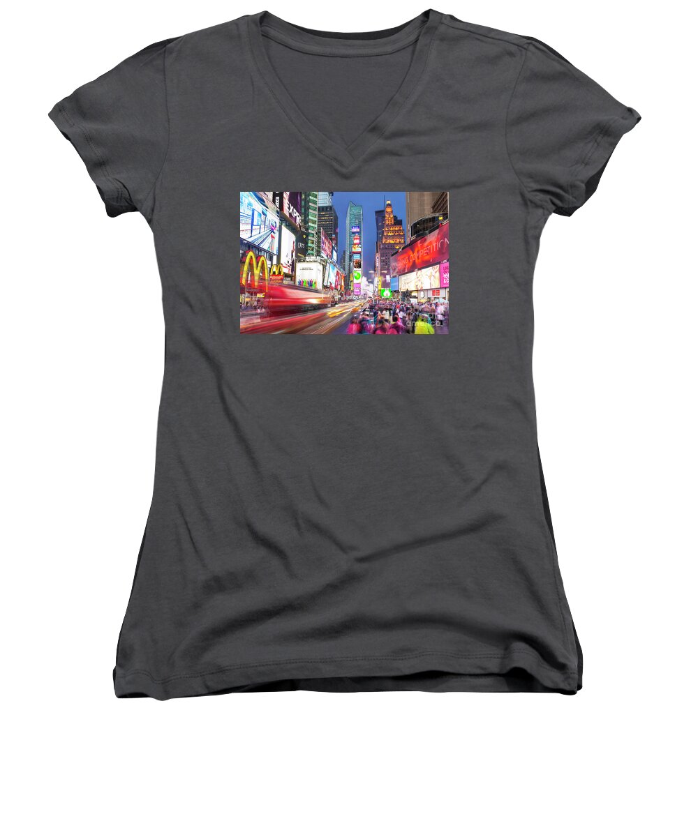 New York Usa Women's V-Neck featuring the photograph Times Square, New York by Neale And Judith Clark