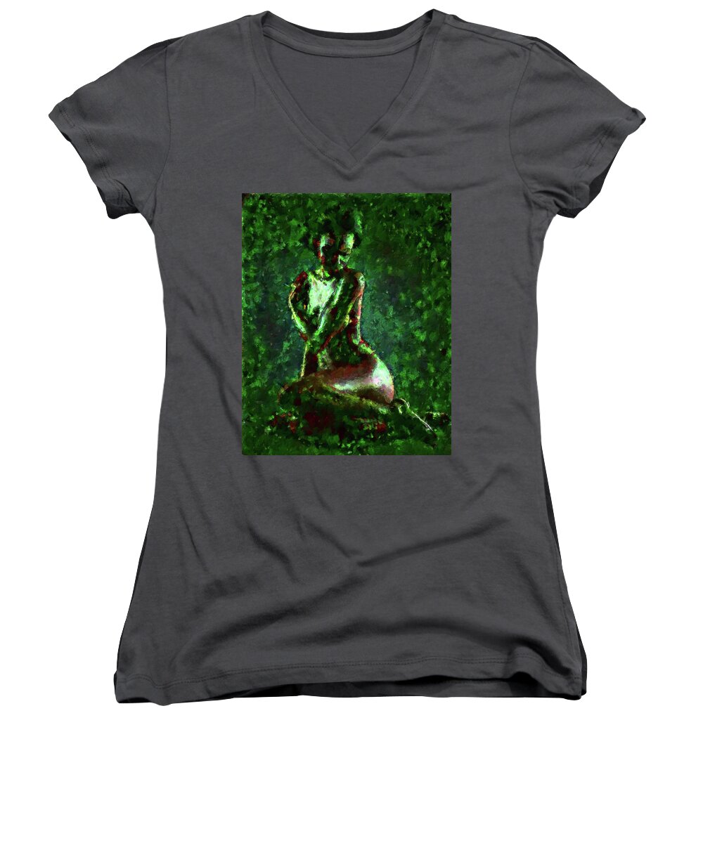 Nude Women's V-Neck featuring the painting Timid Wilderness by Alex Mir