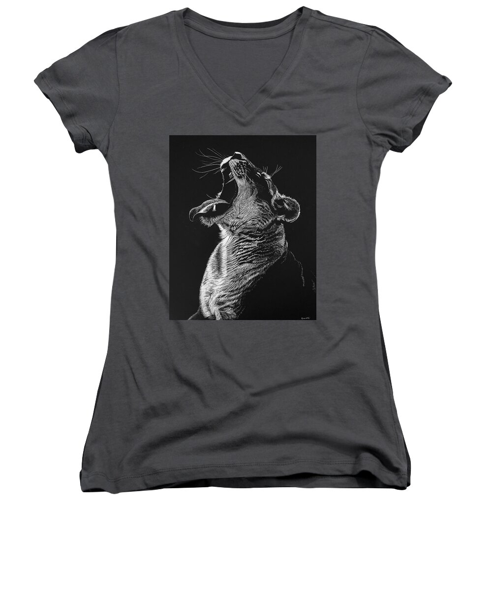 Lion Women's V-Neck featuring the mixed media Tired Queen by Sonja Jones