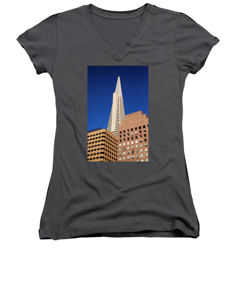 Color Women's V-Neck featuring the photograph Transamerica Architecture SF by Chuck Kuhn
