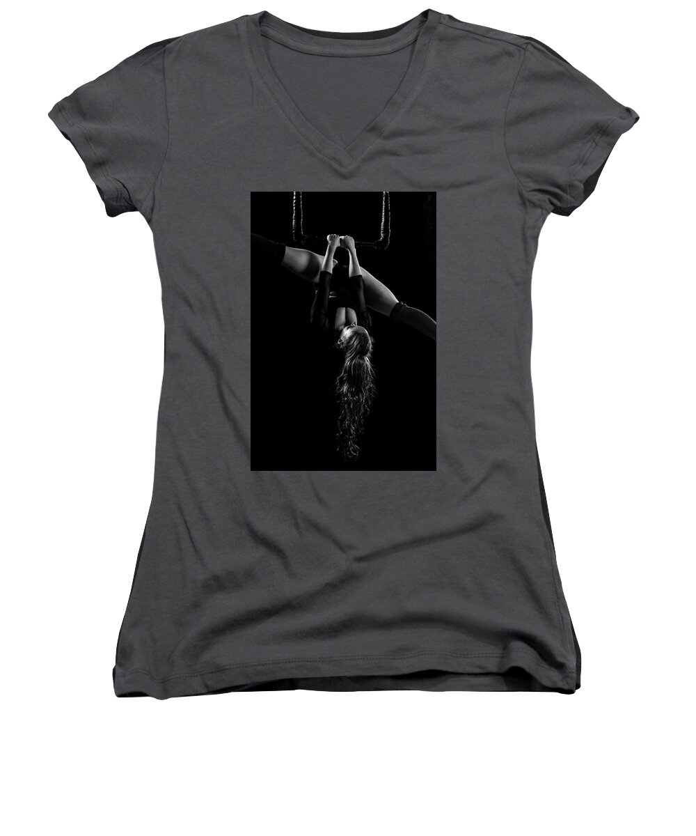 Gymnast Women's V-Neck featuring the photograph Trapezoid On a Trapeze by Monte Arnold