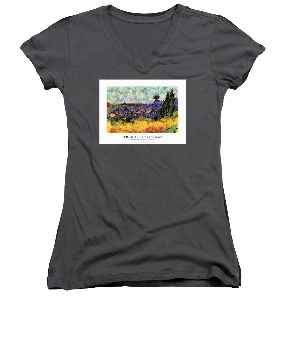 Cycling Women's V-Neck featuring the drawing Trek 100 poster by Mykul Anjelo