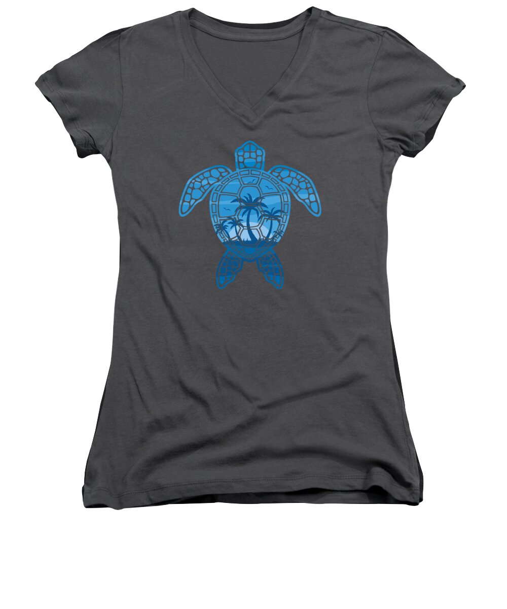 Blue Women's V-Neck featuring the digital art Tropical Island Sea Turtle Design in Blue by John Schwegel