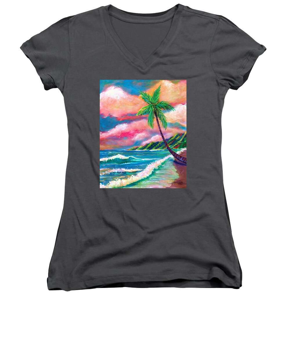 Hawaii Women's V-Neck featuring the painting Tropical Na Pali Coast by Marionette Taboniar