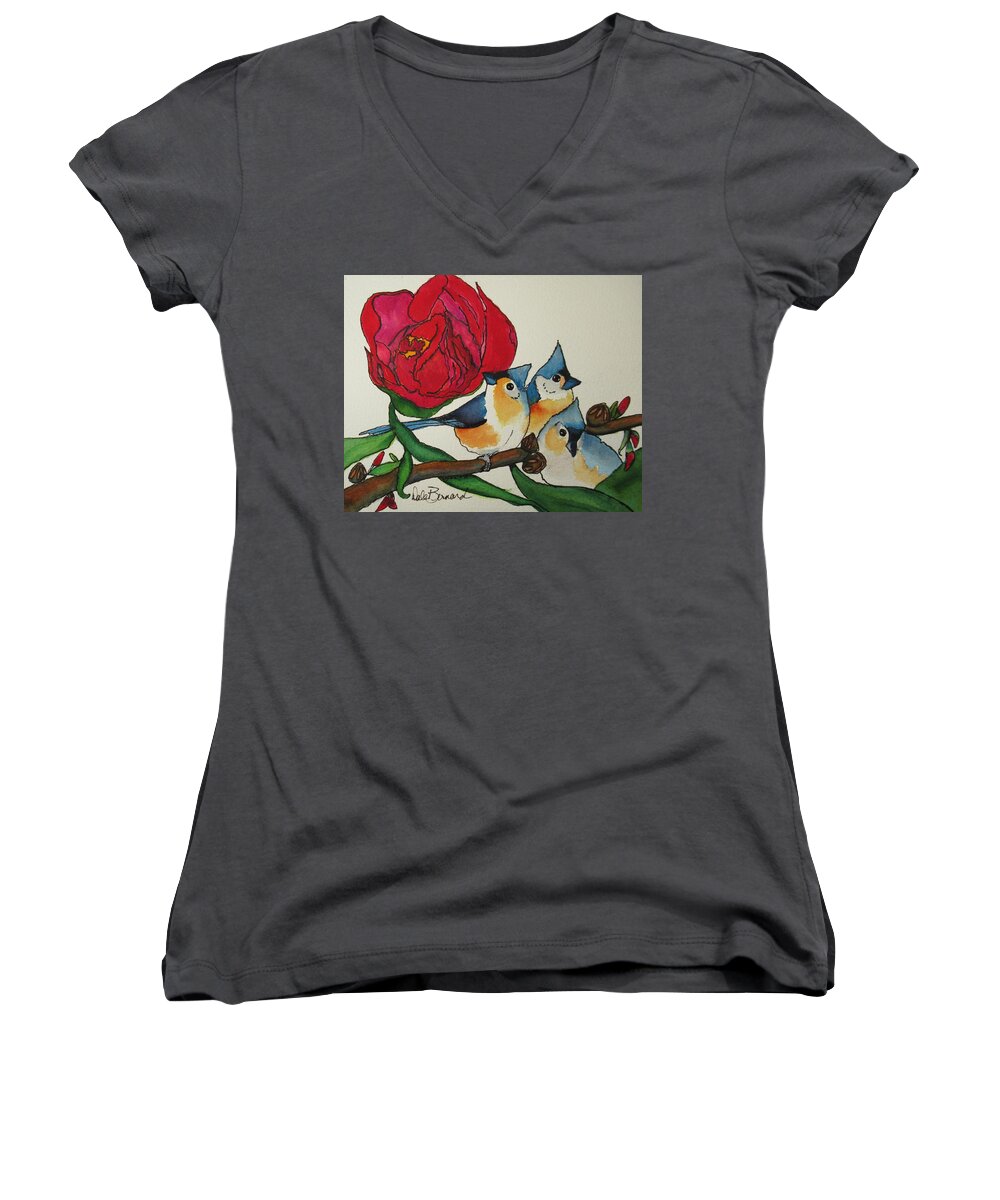 Tuffies Women's V-Neck featuring the painting Tufted Trio by Dale Bernard
