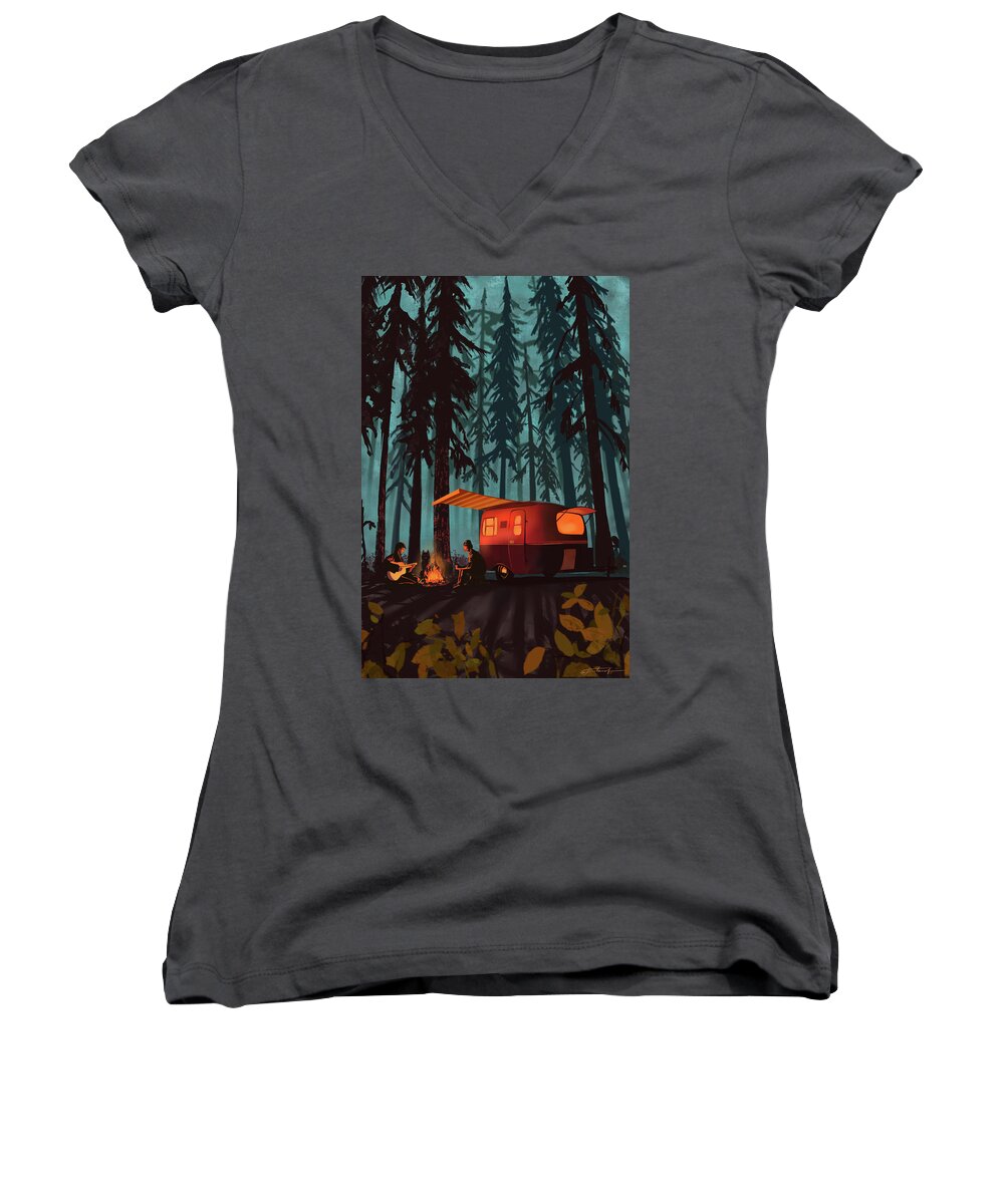 Camper In The Woods Women's V-Neck featuring the painting Twilight Camping by Sassan Filsoof