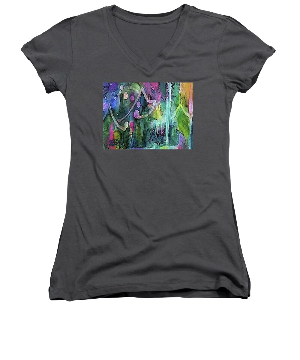 Abstract Expressionism Women's V-Neck featuring the painting Twilight into Dawn by Jean Batzell Fitzgerald