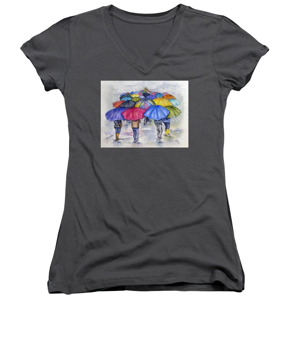 Bedroom Women's V-Neck featuring the painting Umbrella Infinity Walk by Kelly Mills