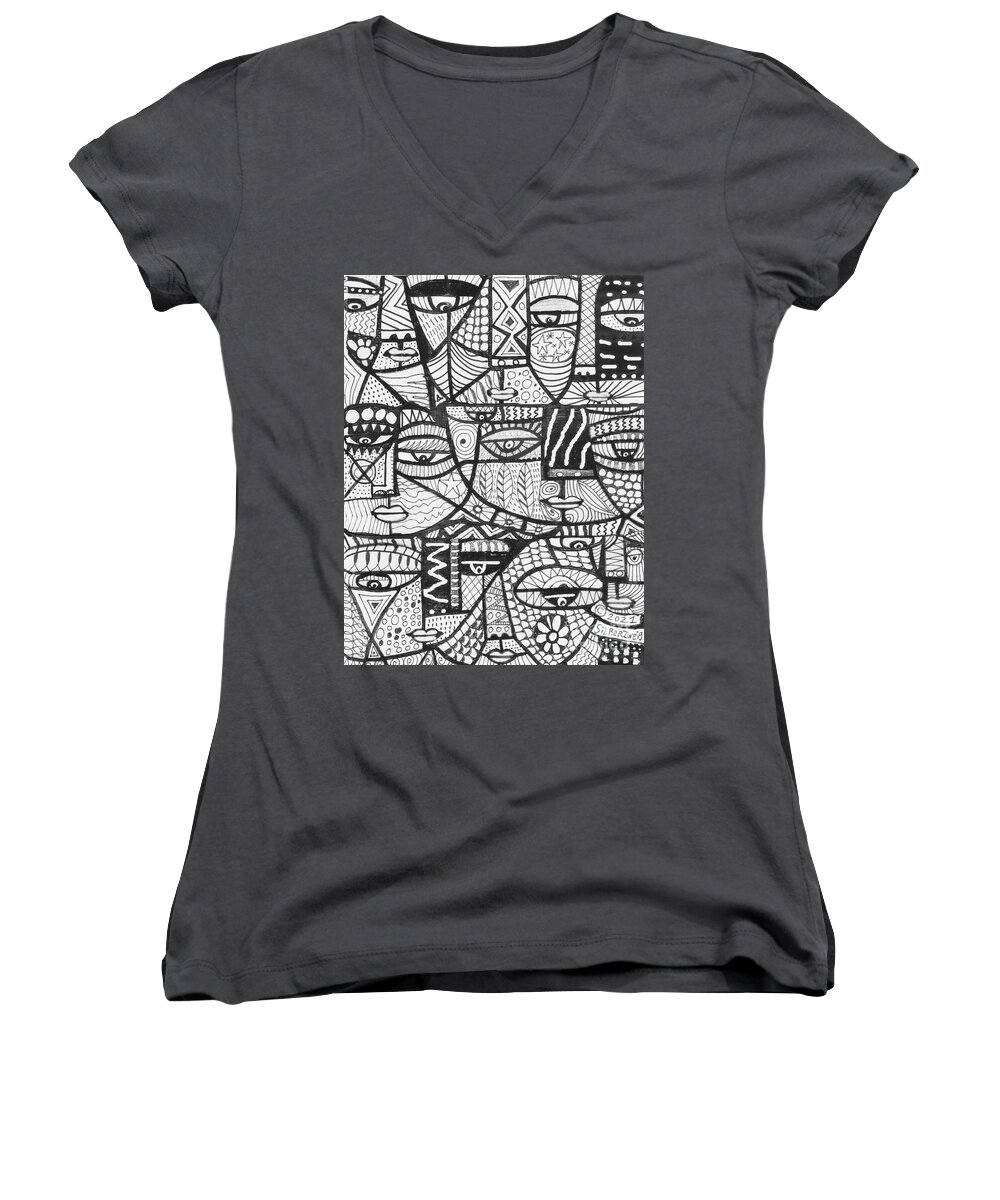 Coloring Women's V-Neck featuring the painting United Global Faces Coloring Page by Sandra Silberzweig