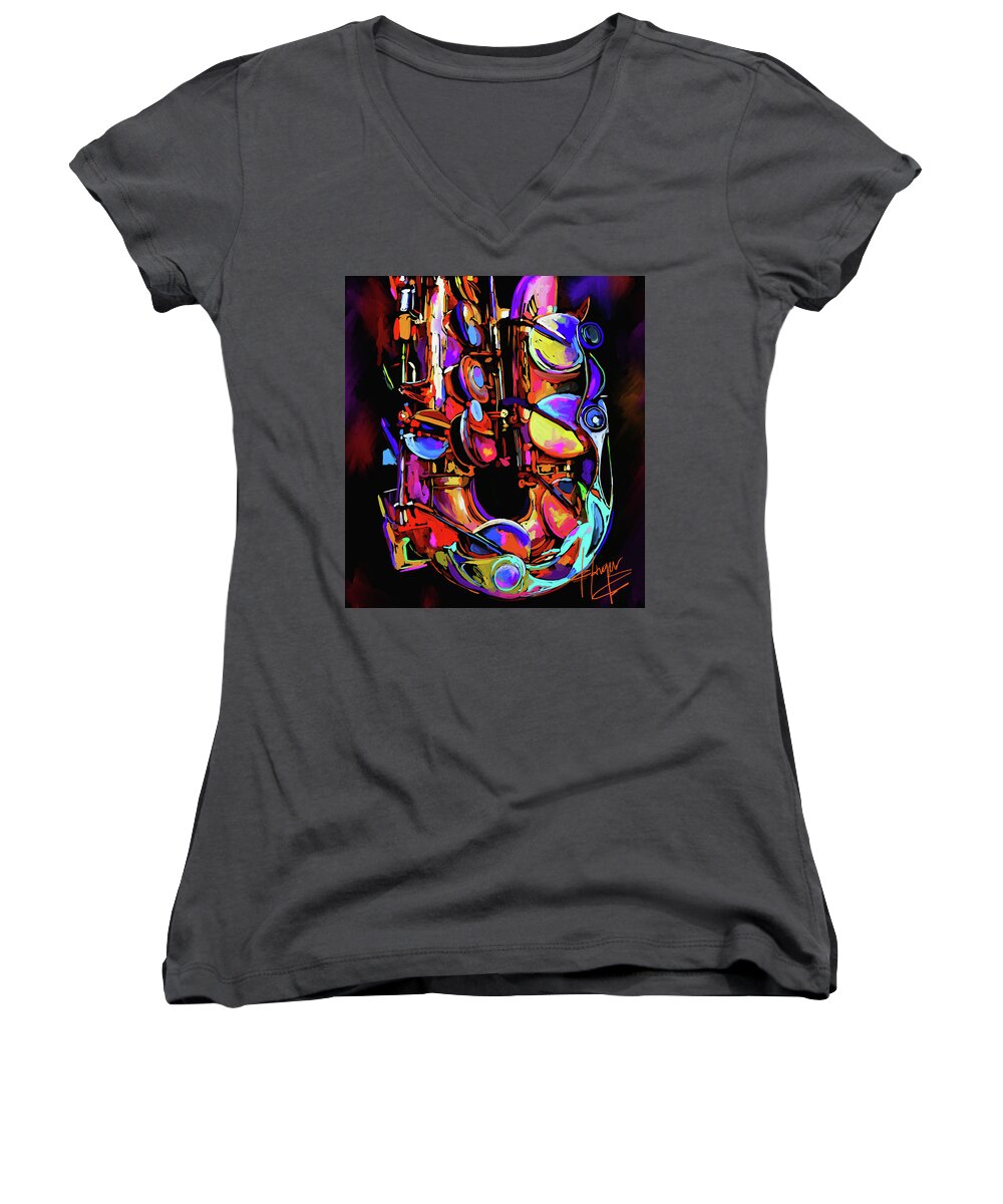 Sax Women's V-Neck featuring the painting My Alto Sax by DC Langer