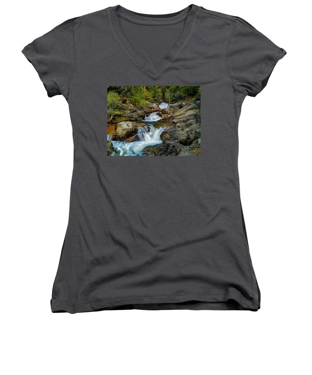 Cascade Creek Women's V-Neck featuring the photograph Up the Creek by Bill Gallagher