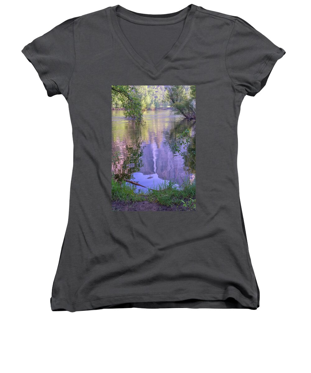 Yosemite Valley Women's V-Neck featuring the photograph Upper Yosemite Falls In A Perfect Reflection by Joseph S Giacalone