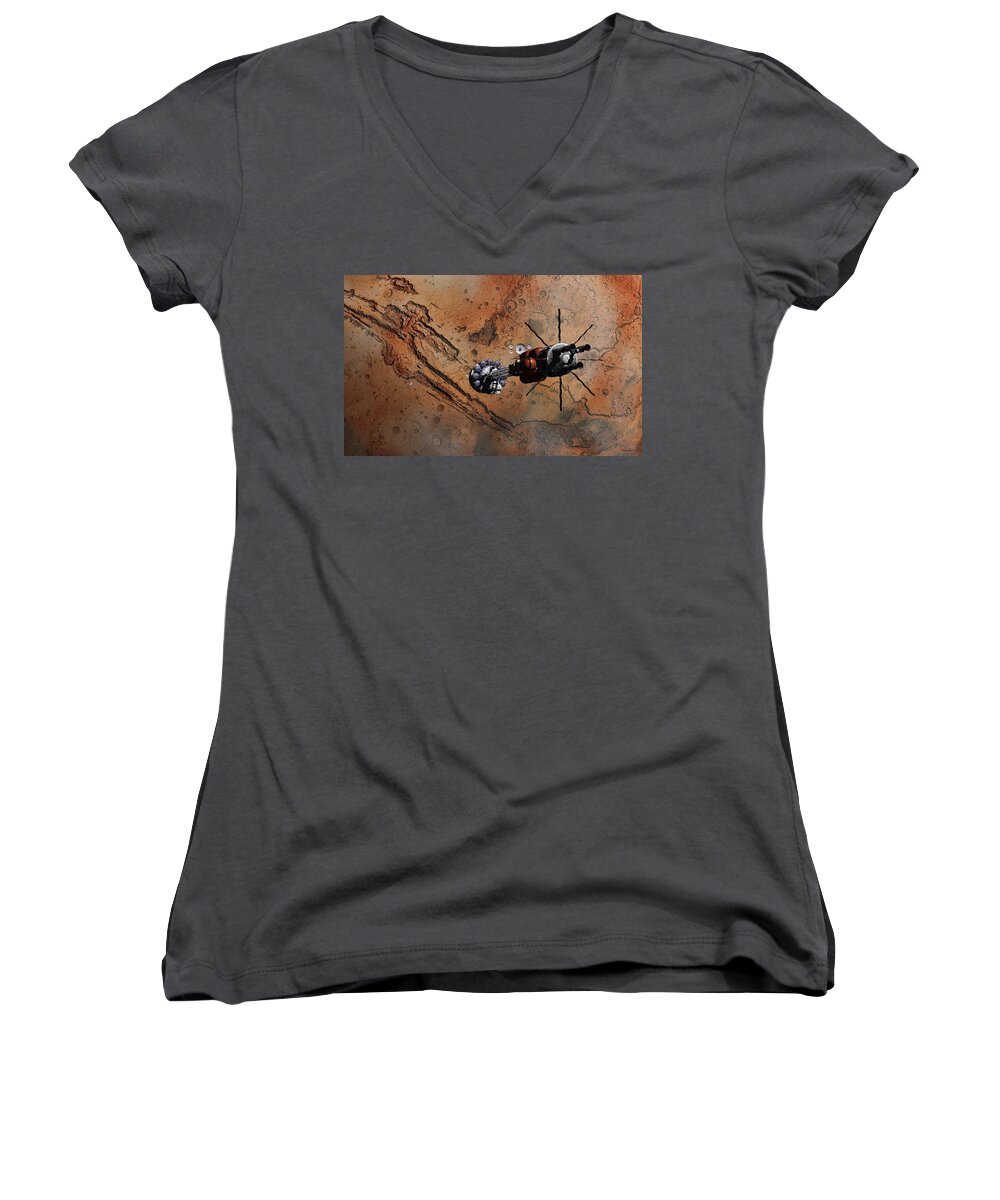 Spaceship Women's V-Neck featuring the digital art USS Hermes1 rendezvous over Valles Marineris  by David Robinson