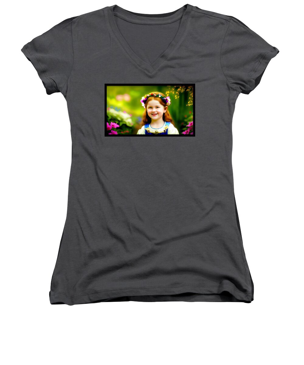 Thomas Kinkade Women's V-Neck featuring the digital art Victorian Celtic Flower Girl by Shawn Dall