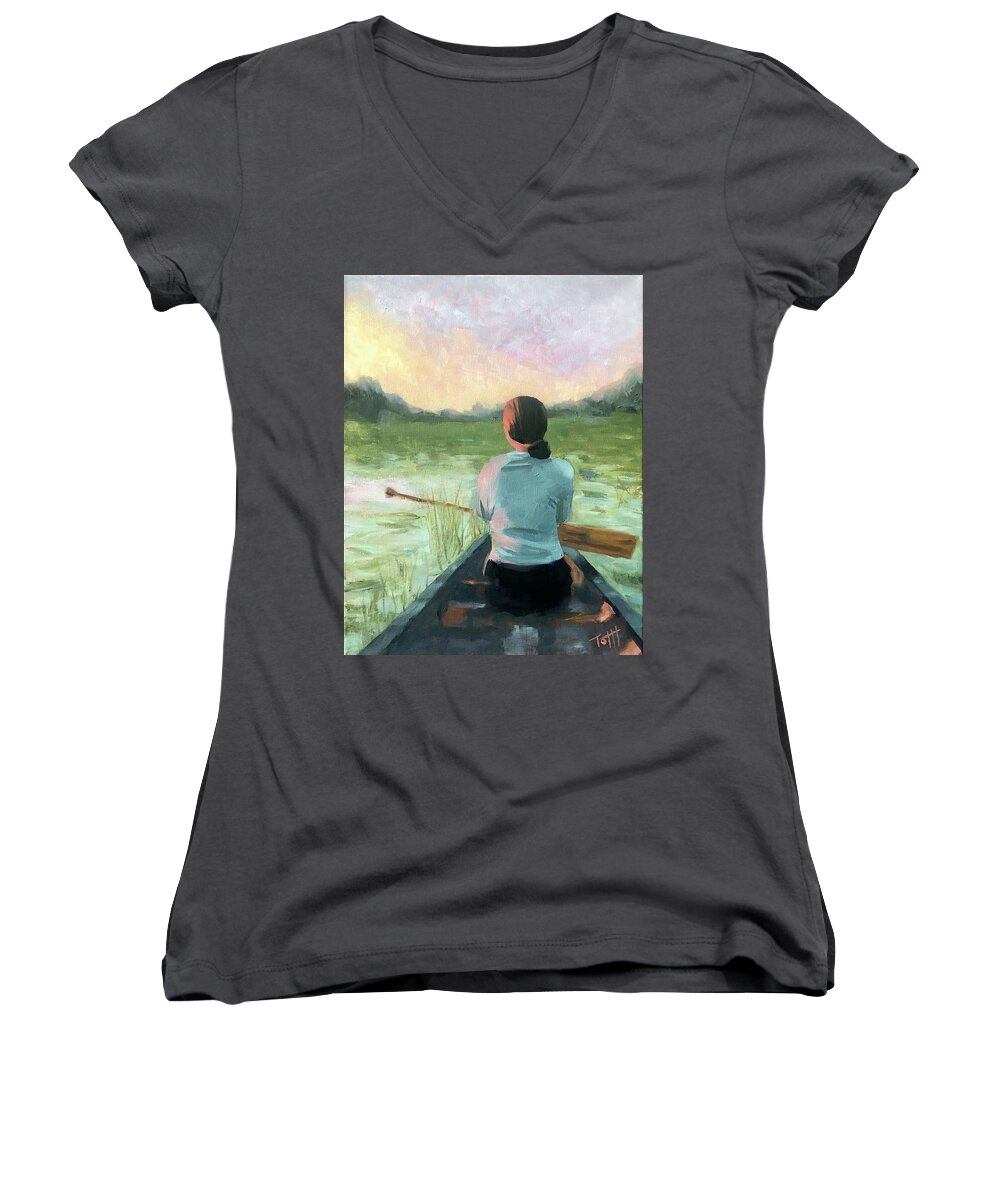 Canoe Women's V-Neck featuring the painting View from a Canoe by Laura Toth