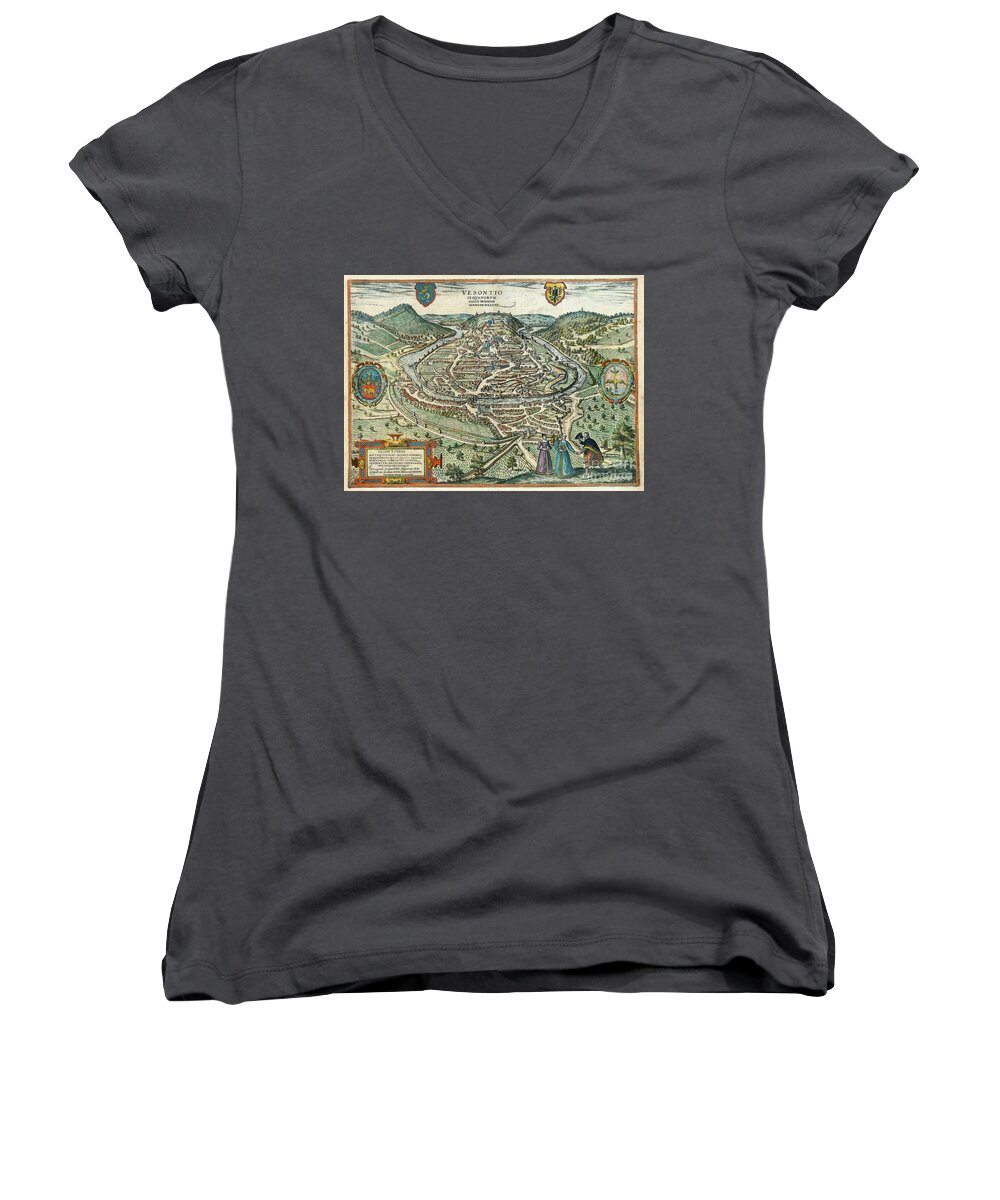 1575 Women's V-Neck featuring the drawing View Of Besancon, France, 1575 by Georg Braun and Franz Hogenberg