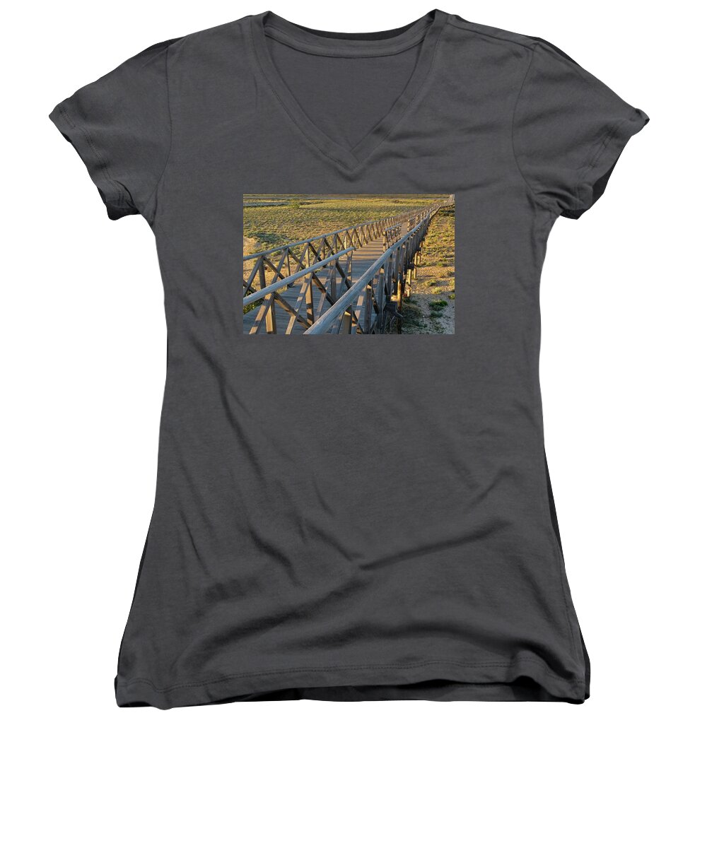 Quinta Do Lago Women's V-Neck featuring the photograph View of the wooden bridge in Quinta do Lago by Angelo DeVal