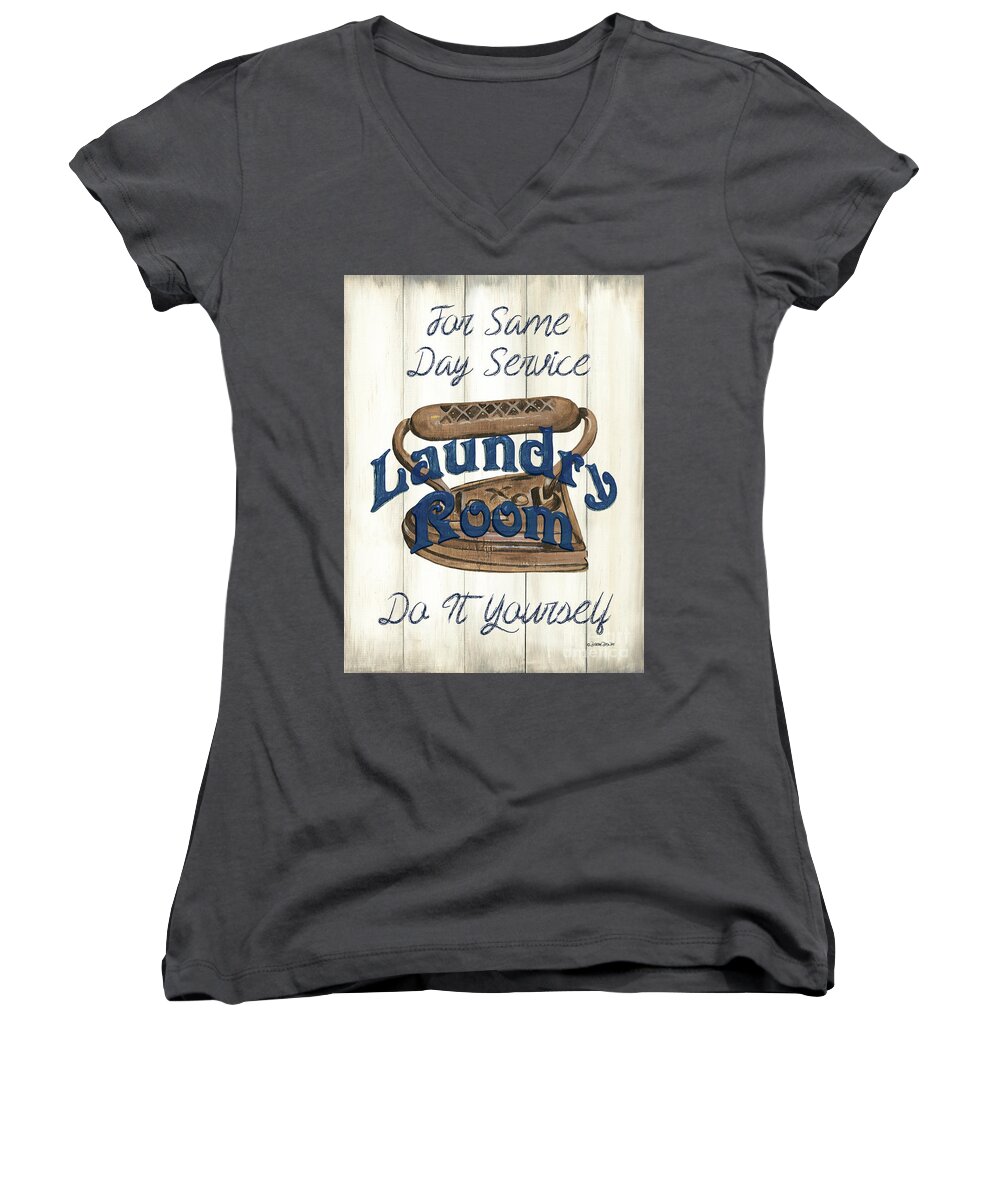 Laundry Women's V-Neck featuring the painting Vintage Laundry Room Indigo 1 by Debbie DeWitt