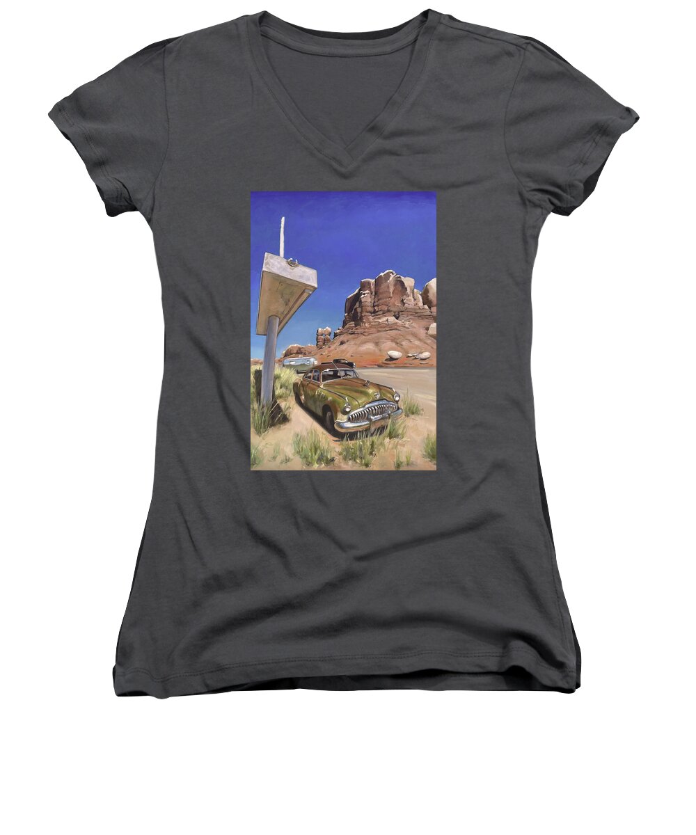 Buick Women's V-Neck featuring the painting Waiting for Gas by Elizabeth Jose