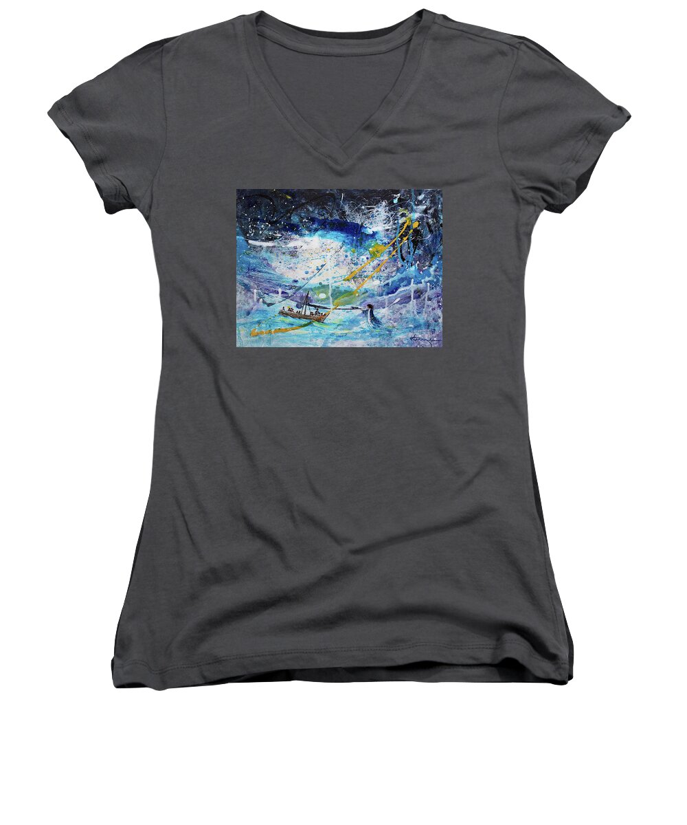 Walking On The Water Women's V-Neck featuring the painting Walking on the Water by Kume Bryant