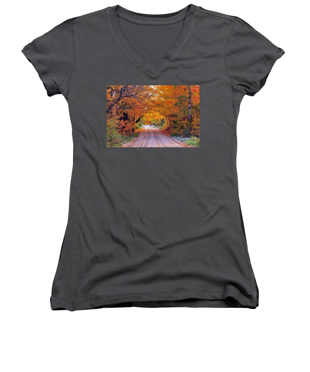 Autumn Women's V-Neck featuring the photograph Walking the Dog by Terri Gostola