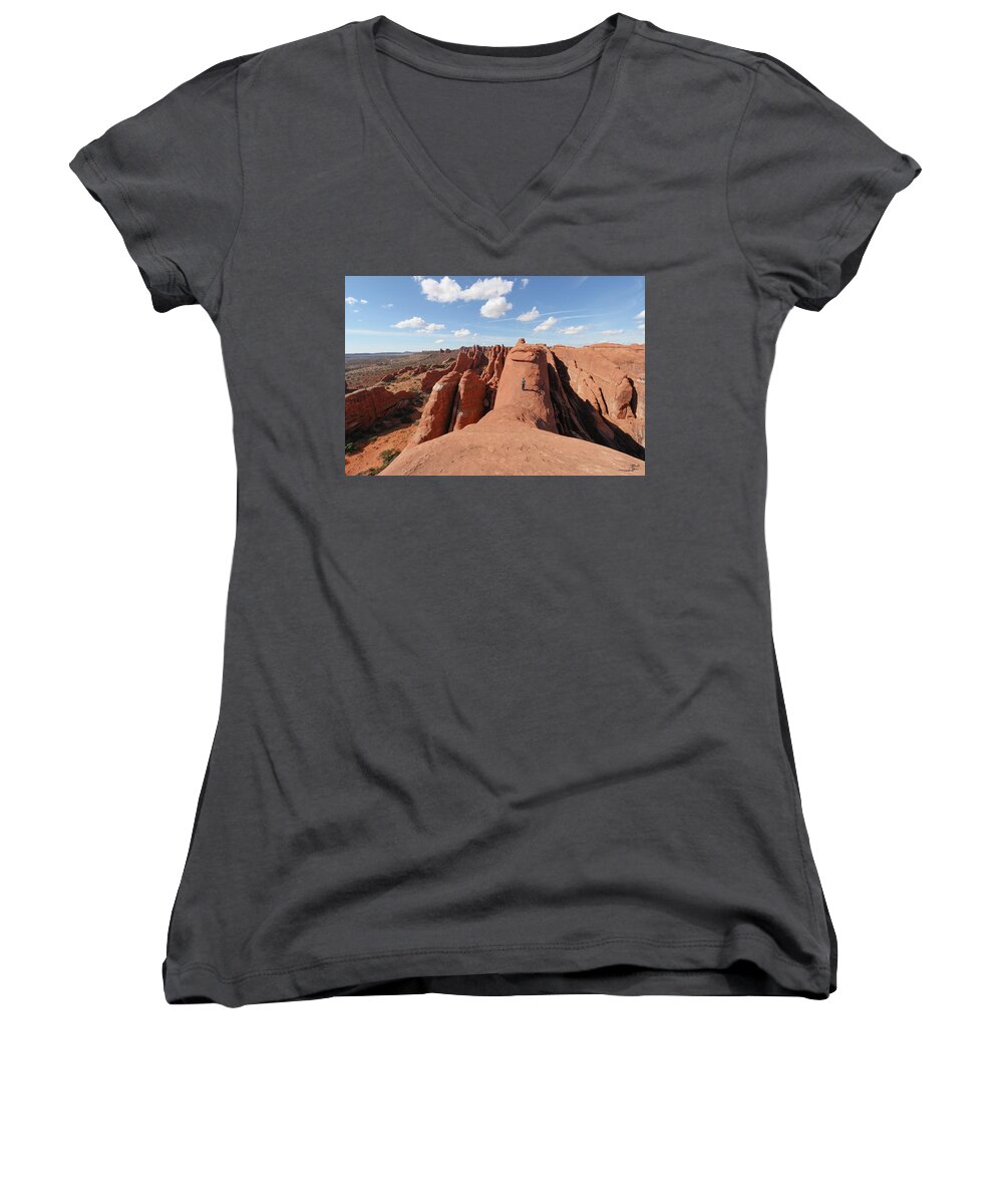 Utah Women's V-Neck featuring the photograph Walking the fins of the Fiery Furnace - Arches National Park, Utah by Brett Pelletier