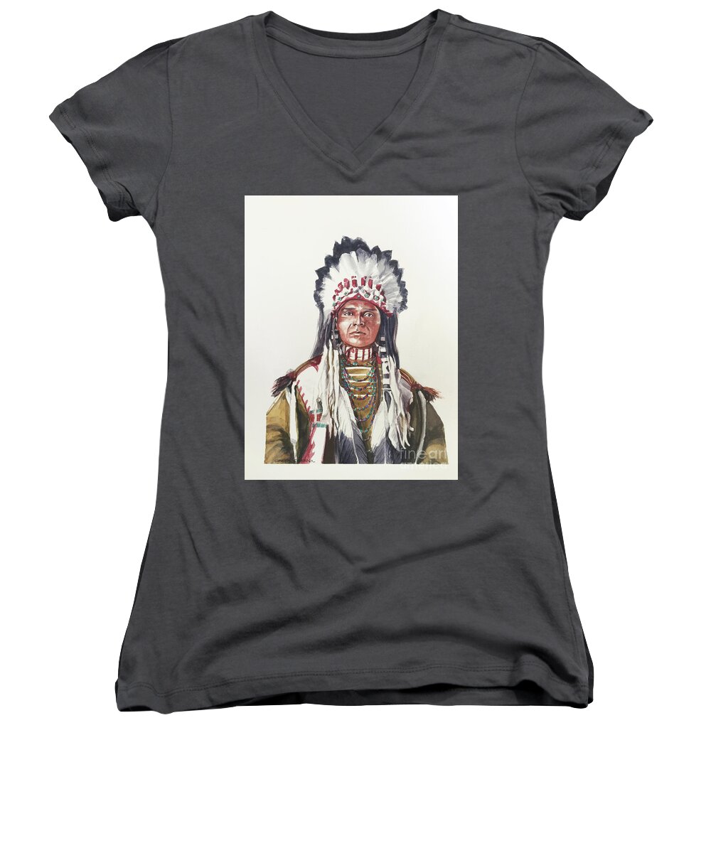 Watercolor Women's V-Neck featuring the painting Watercolor of Native American Chief Blanket of the Sun by Greta Corens