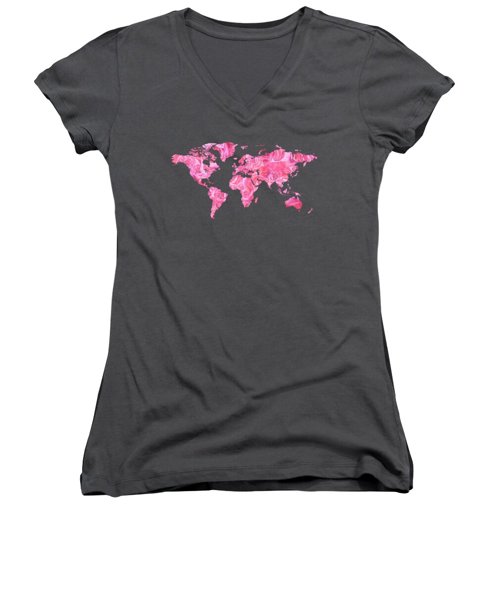 Pink Women's V-Neck featuring the painting Watercolor Silhouette World Map Colorful PNG XXXIV by Irina Sztukowski