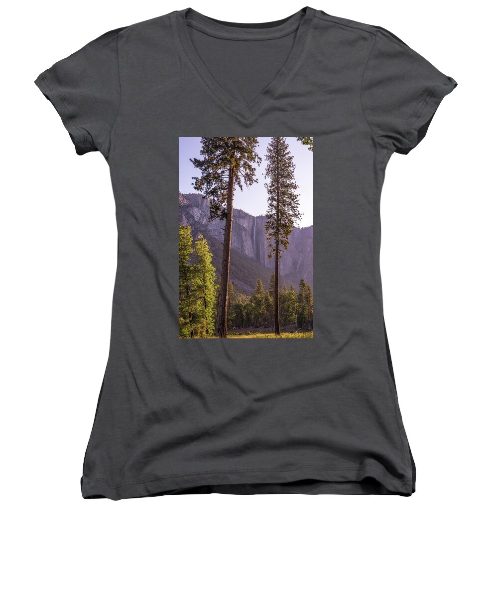 Yosemite Valley Women's V-Neck featuring the photograph Waterfall Framed Yosemite Valley by Joseph S Giacalone