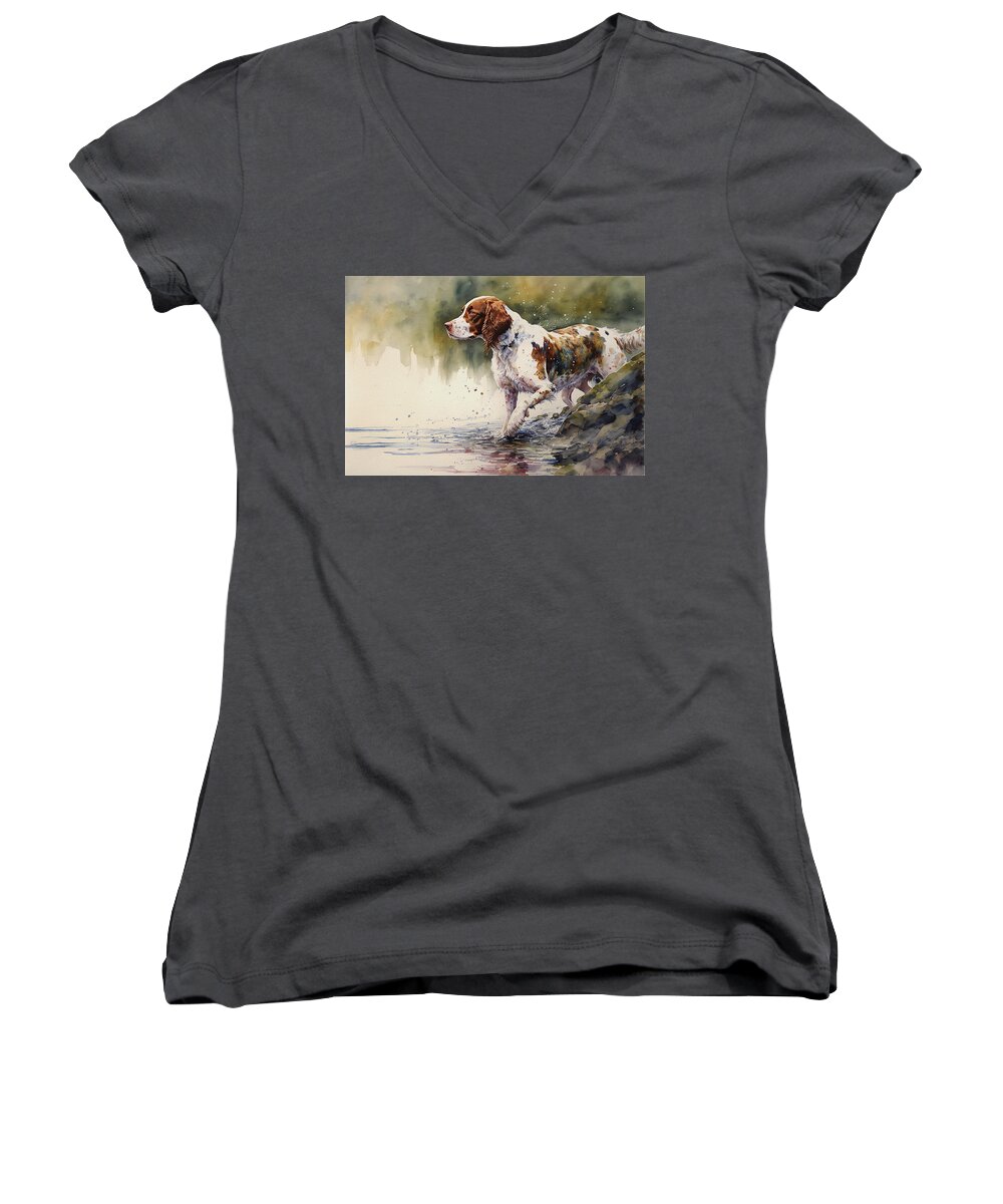 Dog Women's V-Neck featuring the painting Welsh Springer Spaniel by the River by Kai Saarto