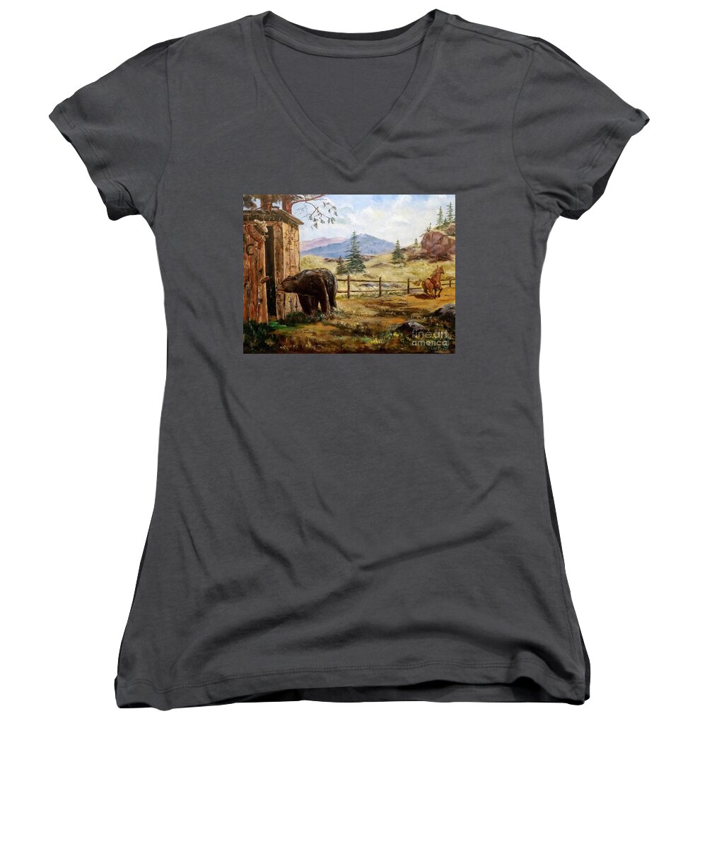 Bear Women's V-Neck featuring the painting What Now by Lee Piper