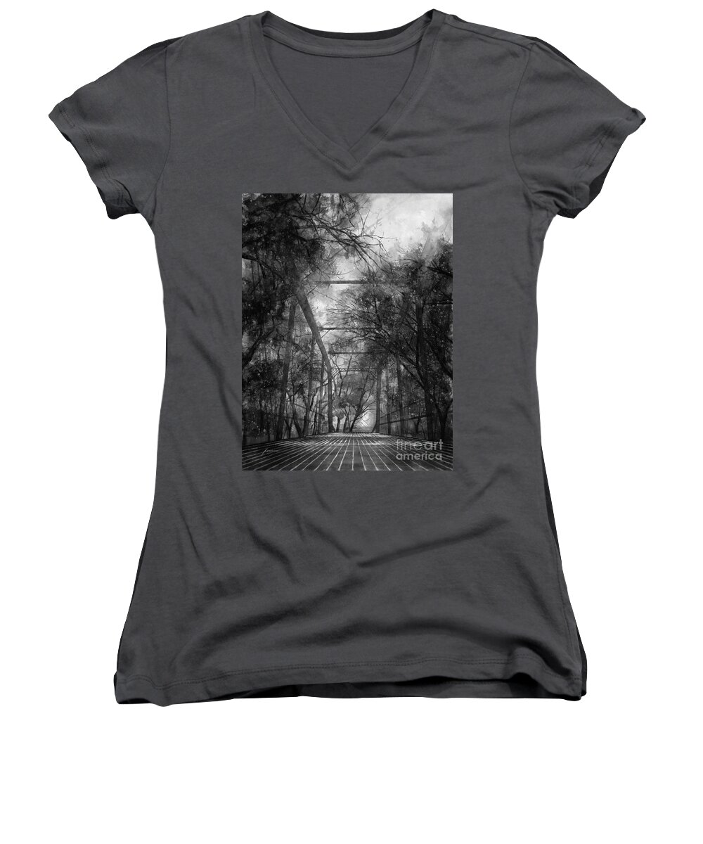 Fayetteville Women's V-Neck featuring the painting Willow Springs Road Bridge in Black and White by Hailey E Herrera
