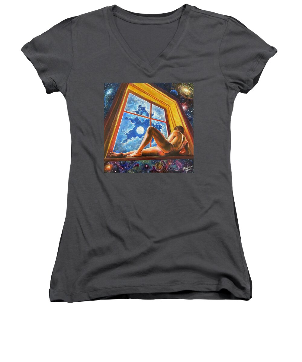 Male Nude Women's V-Neck featuring the painting Window of Dreams by Marc DeBauch