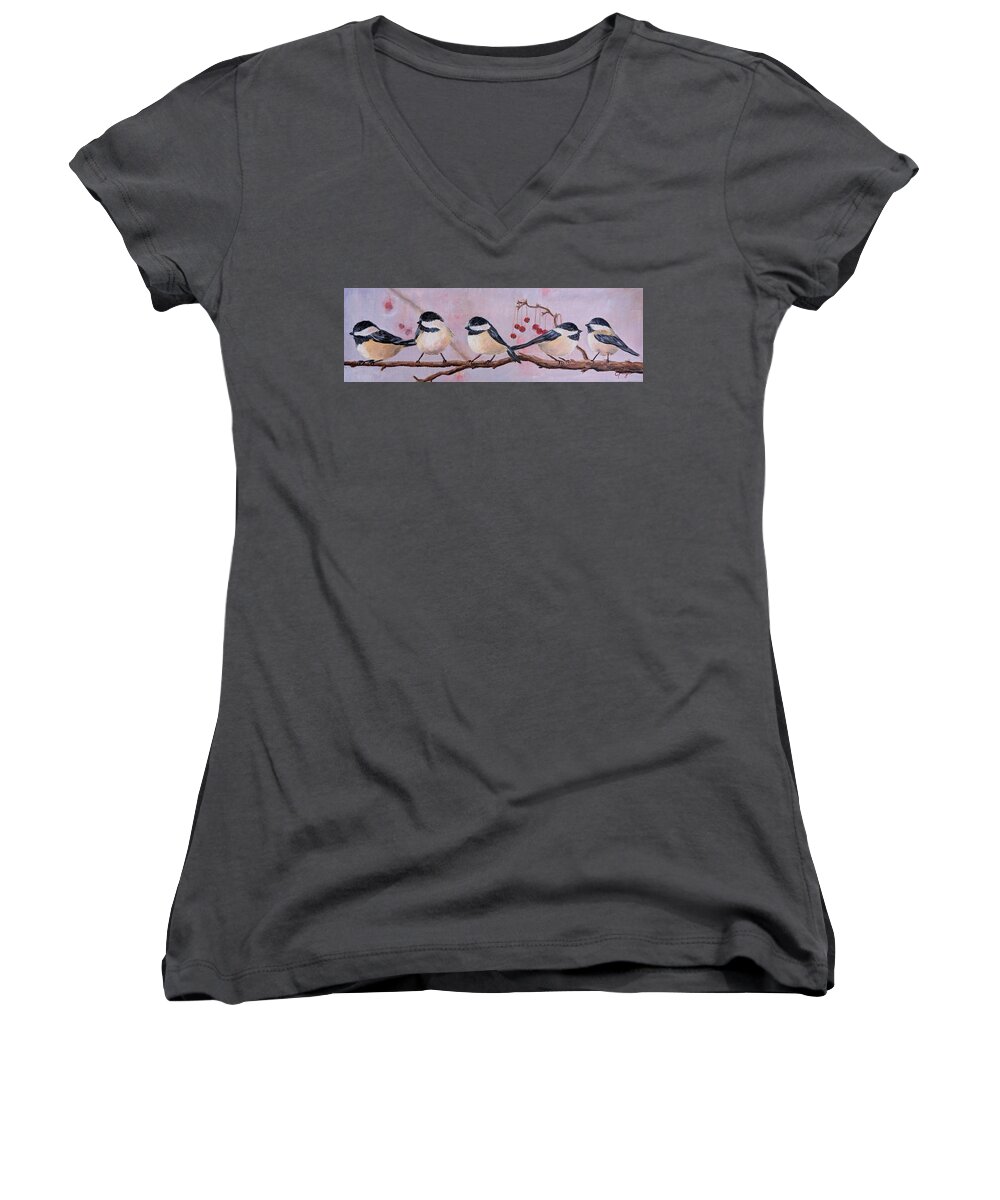 Chickadee Women's V-Neck featuring the painting Winter Berry Chickadees by Emily Page