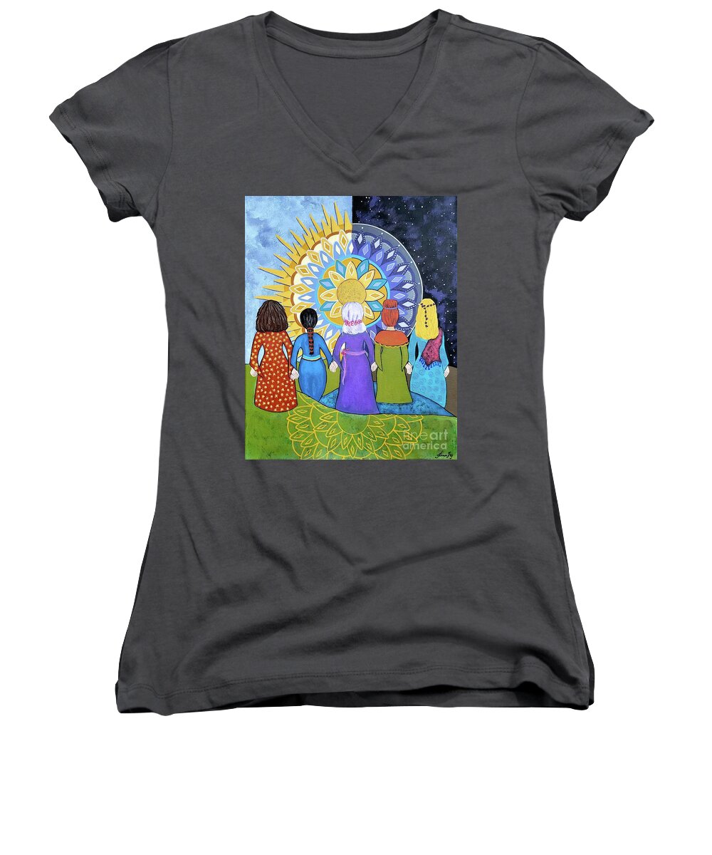 Women Women's V-Neck featuring the painting Women's Circle Mandala by Jean Fry