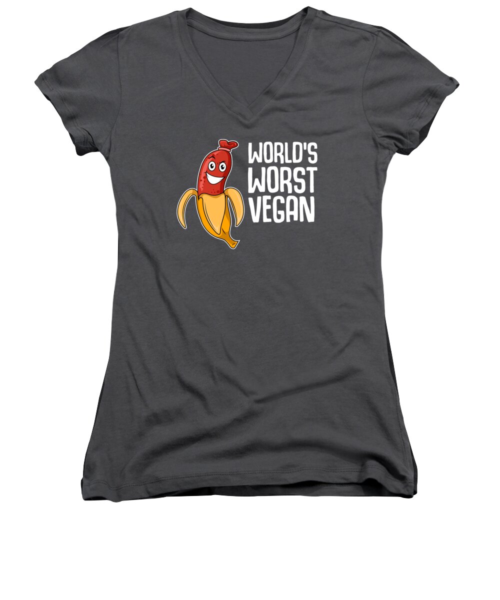 Worlds Worst Vegan Women's V-Neck featuring the digital art Worlds Worst Vegan - Ant-Vegan For Men Women Meat-Eater Sausage Banana by Mercoat UG Haftungsbeschraenkt
