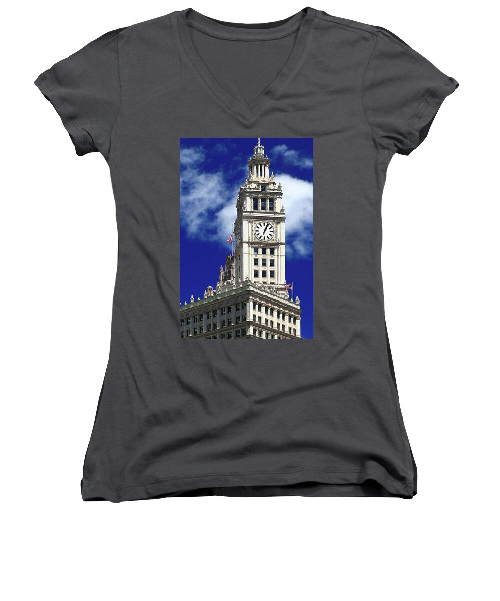 Architecture Women's V-Neck featuring the photograph Wrigley Building Clock Tower by Patrick Malon